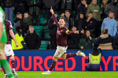 Lawrence Shankland celebrating a goal scored for Hearts